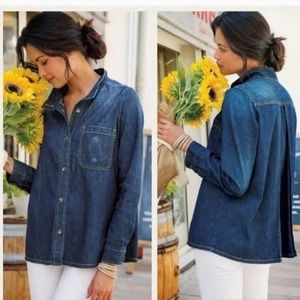 Soft Surroundings Peggy Blue Chambray Button Up Roll Tab Sleeve Shirt Size L